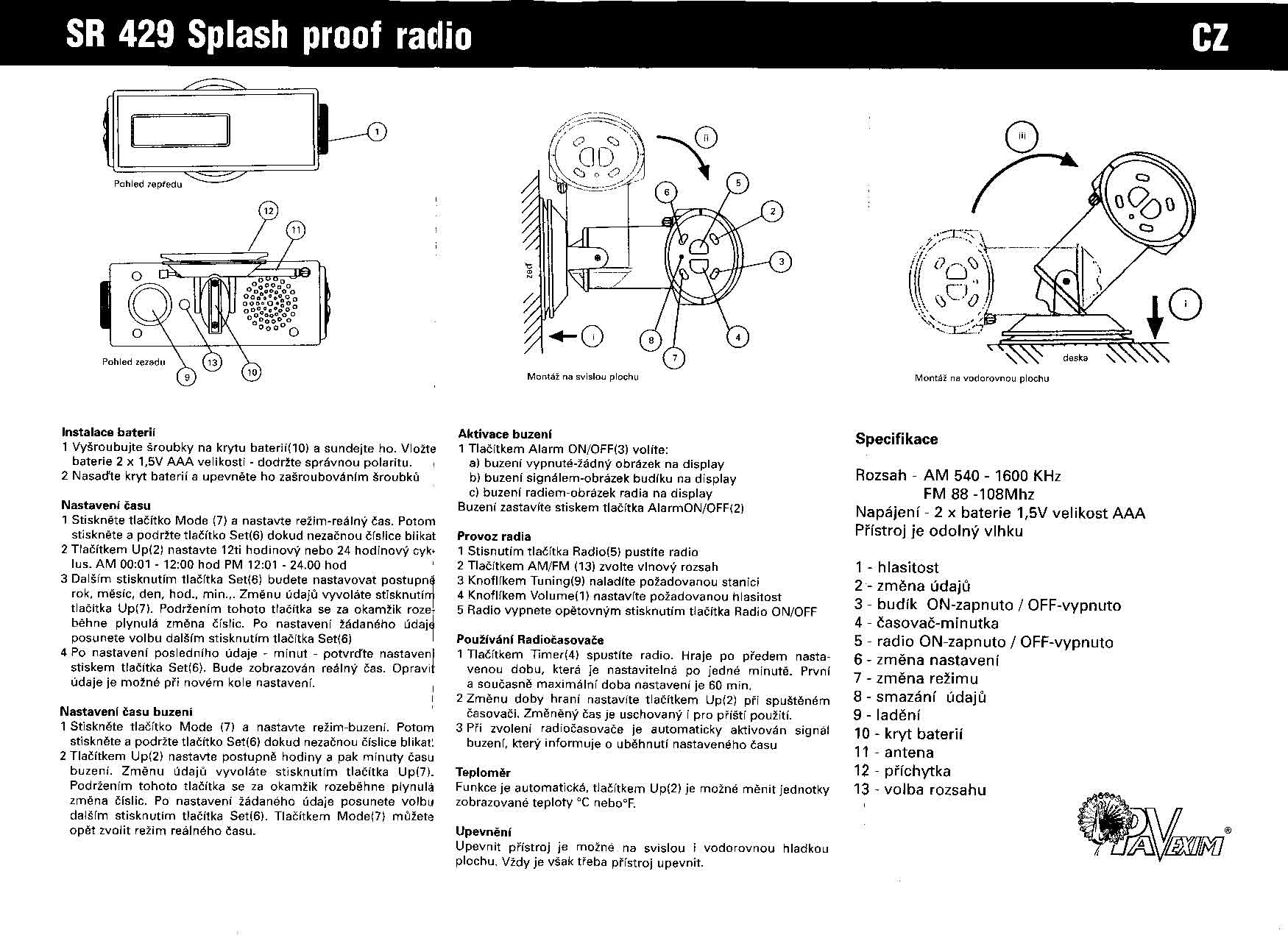 Rádio do koupelny s hodinami a budíkem