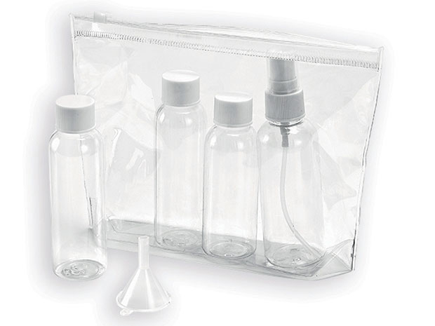 Plastové lahve do letadla s kosmetickou taškou sada 5 ks