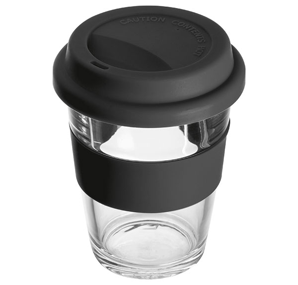 Skleněný hrnek na kávu, čaj se silikonovým víčkem 7590, 300ml, černá Skleněný hrnek na kávu, čaj se silikonovým víčkem 7590, 300ml, černá