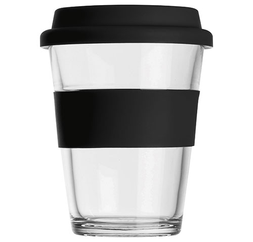 Skleněný hrnek na kávu, čaj se silikonovým víčkem 7590, 300ml, černá Skleněný hrnek na kávu, čaj se silikonovým víčkem 7590, 300ml, černá