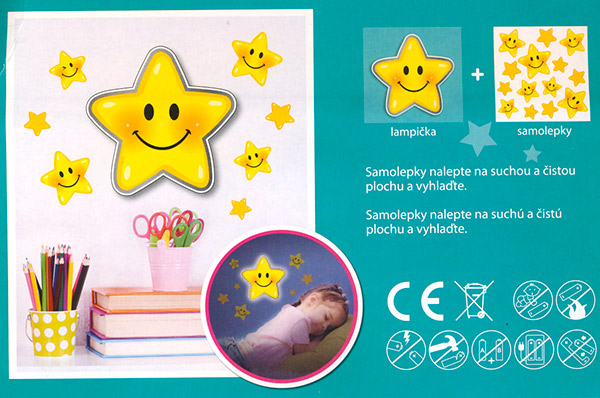 Dětská lampička na zeď LED Hvězdička nalepovací s dotykovým zapínáním 17 cm, žlutá