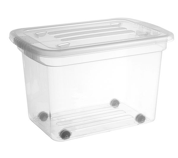 Plastový úložný box 7431 na kolečkách s víkem, objem 55L, transparentní