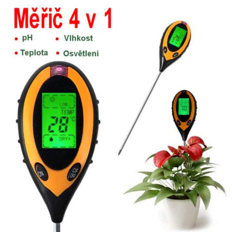 Měřič 4 v 1 PMH pro měření vlhkosti, ph, teploty a osvětlení Měřič 4 v 1 PMH pro měření vlhkosti, ph, teploty a osvětlení